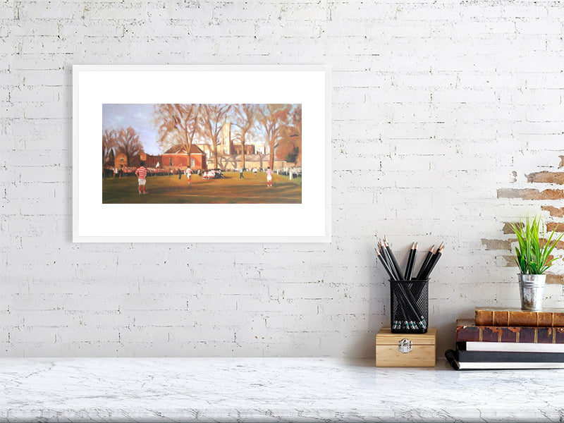 XVs on Canvas - Winchester College Painting by Iain Vellacott